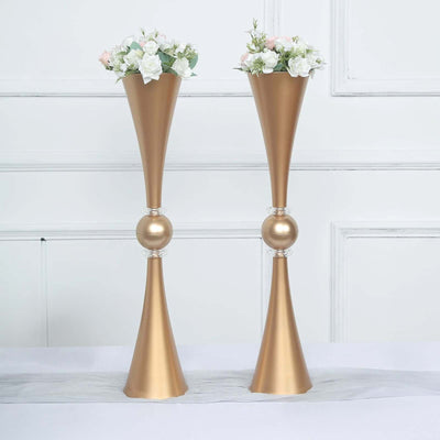 2-Pack Plastic Flower Vases 27" Trumpet Design with Crystal Embellishments Gold - Reversible Table Centerpieces