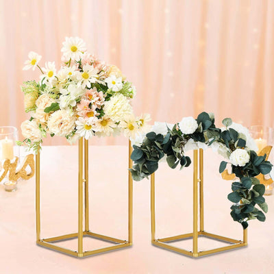 2-Pack Rectangular Gold Metal Wedding Flower Stand 12" Geometric Column Frame - Stylish Floral Display for Tablescapes