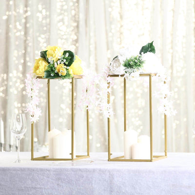 2-Pack Rectangular Gold Metal Wedding Flower Stand 16" Geometric Column Frame - Versatile Pedestal for Wedding Arrangements