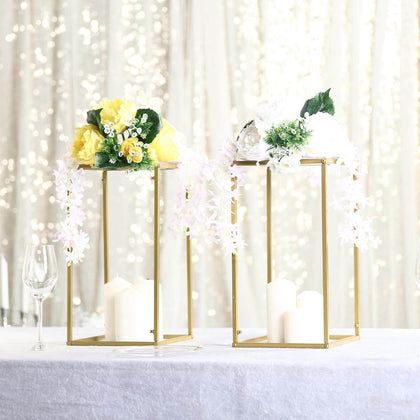 2-Pack Rectangular Gold Metal Wedding Flower Stand 16" Geometric Column Frame - Versatile Pedestal for Wedding Arrangements