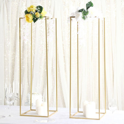 2-Pack Rectangular Gold Metal Wedding Flower Stand 40" Geometric Column Frame - Statement Floral Display for Grand Events