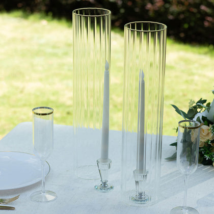 2-Pack Ribbed Glass Candelabra Shades Open End Hurricane Design 18" Clear - Sleek Table Centerpiece for Stylish Decor
