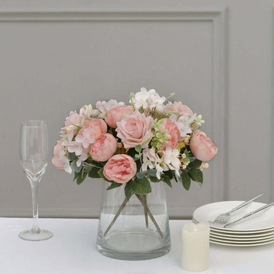 2 Pack Silk Rose Bouquets Mixed Peony & Hydrangea - 12" Blush Artificial Floral Arrangements