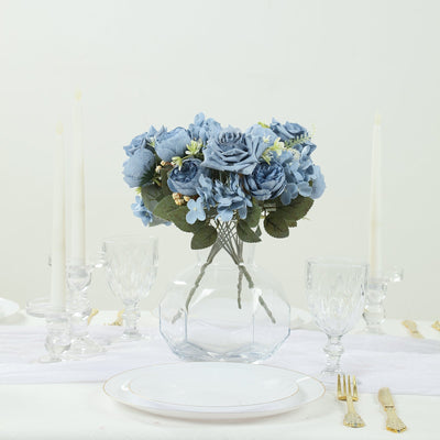2 Pack Silk Rose Bouquets Mixed Peony & Hydrangea - 12" Dusty Blue Artificial Floral Arrangements