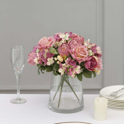 2 Pack Silk Rose Bouquets Mixed Peony & Hydrangea - 12" Dusty Rose Artificial Floral Arrangements