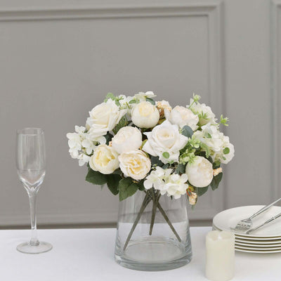 2 Pack Silk Rose Bouquets Mixed Peony & Hydrangea - 12" Ivory Artificial Floral Arrangements