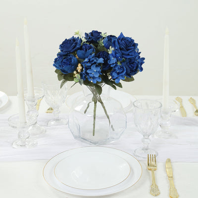 2 Pack Silk Rose Bouquets Mixed Peony & Hydrangea - 12" Navy Blue Artificial Floral Arrangements