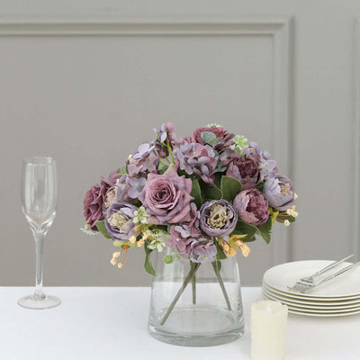2 Pack Silk Rose Bouquets Mixed Peony & Hydrangea - 12" Purple Artificial Floral Arrangements