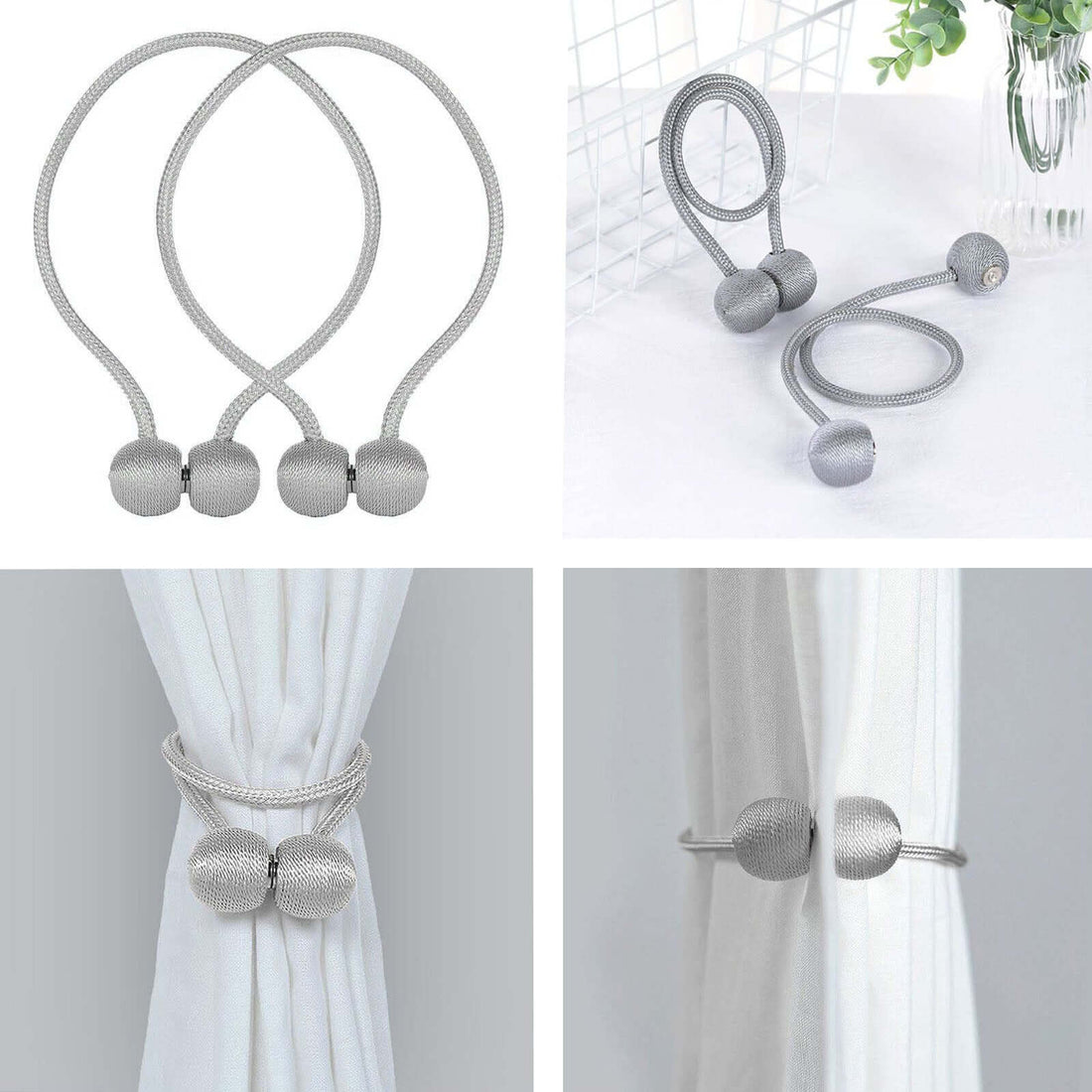Silver curtain tiebacks with decorative ball ends, set of two.