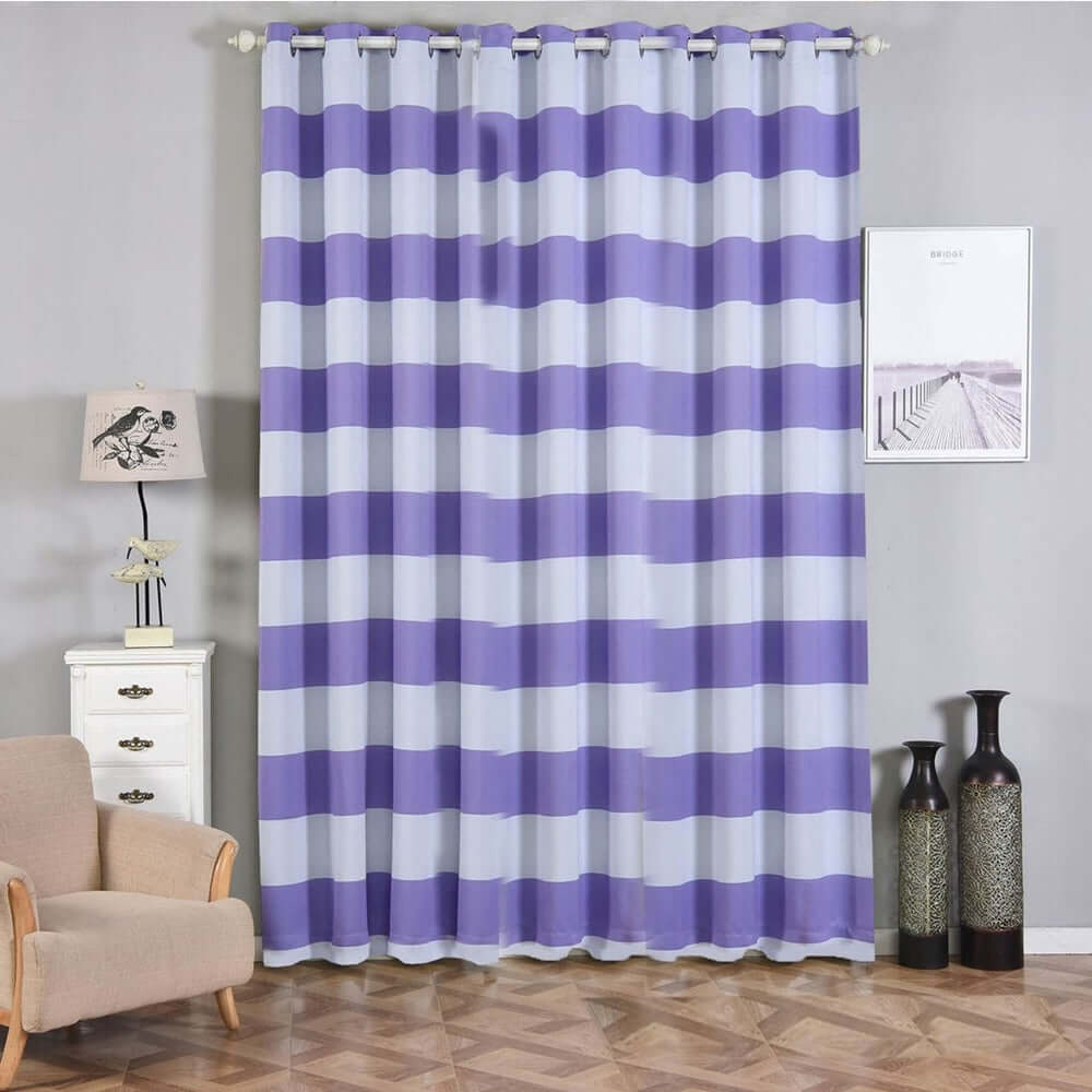 Purple striped curtain hanging in a modern living room setting.