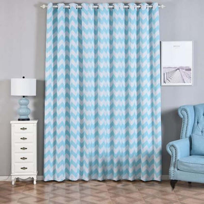 2 Pack White/Light Blue Chevron Print Blackout Window Curtain Grommet Panels, Noise Cancelling Curtains 52"x108"