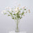 Pink and white flowers in a clear vase against a plain background