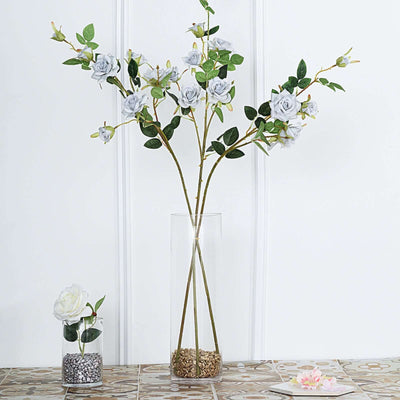2 Pack Artificial Silk Rose Flower Stems 38" Silver – 14 Flower Heads