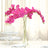 Pink orchids in a vase on a dining table with a cake and glassware.
