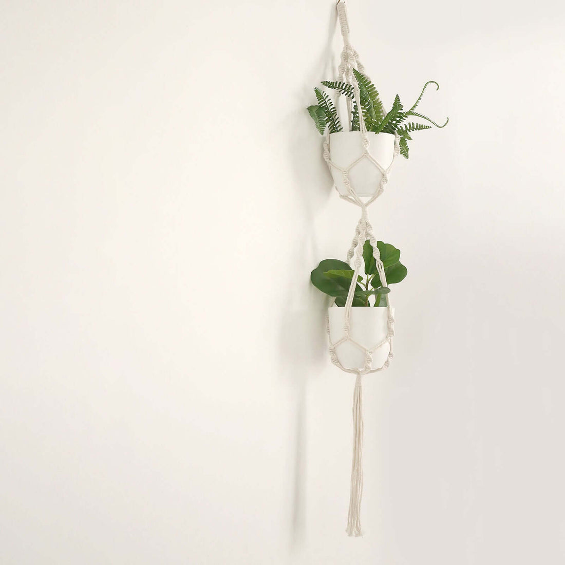 two tier hanging planter 2-Tier Cotton Rope Hanging Planter Basket Double Ivory With Tassels | Indoor Boho Flower Pot Holder