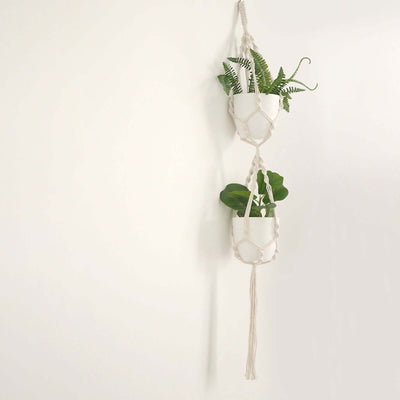 2-Tier Cotton Rope Hanging Planter Basket Double Ivory with Tassels - Indoor Boho Flower Pot Holder