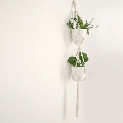 2-Tier Cotton Rope Hanging Planter Basket Double Ivory with Tassels - Indoor Boho Flower Pot Holder