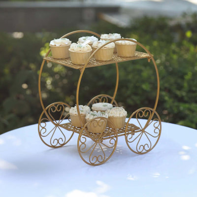 2-Tier Metal Cupcake Dessert Display Stand 14" Gold Princess Carriage Style - Decorative Wedding Cake Centerpiece Stand for Fairytale Themed Events