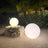 Two glowing decorative spheres on a stone pedestal in a tropical setting.