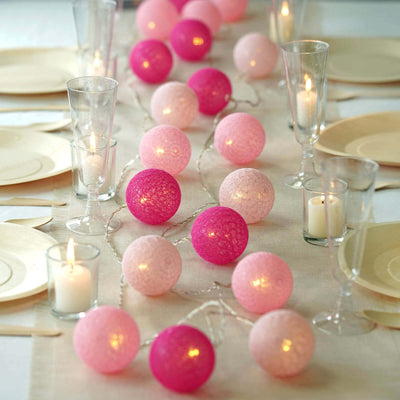 20 LED Pink Cotton Ball String Light Garland 13ft Blush, Fuchsia Warm White Light - Battery Operated Decorative Lights