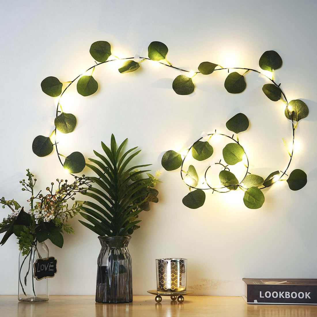 hanging plants with fairy lights Green Silk Eucalyptus Leaf Garland Vine String Lights, Warm White Battery Operated 7Ft 20 Led