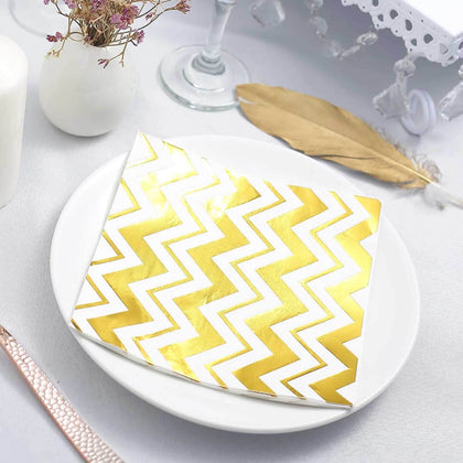 20-Pack Paper Dinner Napkins 3 Ply Metallic Gold with Chevron Design - Disposable Wedding Cocktail Napkins