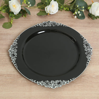 20-Pack Economy Plastic Charger Plates 13" Round Black with Silver Embossed Baroque Rim - Stylish Dinner Party Serving Plates