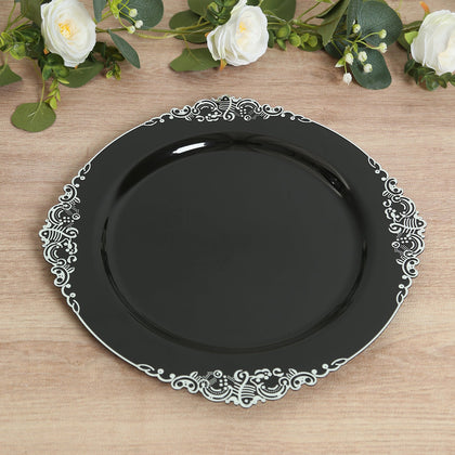 20-Pack Economy Plastic Charger Plates 13" Round Black with Silver Embossed Baroque Rim - Stylish Dinner Party Serving Plates