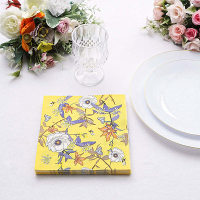 20-Pack Paper Beverage Napkins 2 Ply Bright Yellow with Blooming Flowers Design 6.5"x6.5" - Soft Botanical Floral Wedding Cocktail Napkins 18GSM