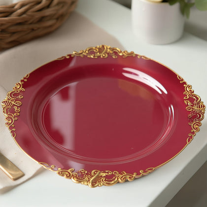 20-Pack Economy Plastic Charger Plates 13" Round Burgundy with Gold Embossed Baroque Rim - Stylish Dinner Party Serving Plates