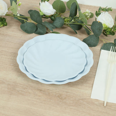 20 Pack Compostable Dessert Plates – 7" Light Blue Swirl Scalloped Pastel Color Salad Plates, Biodegradable Bamboo Tableware