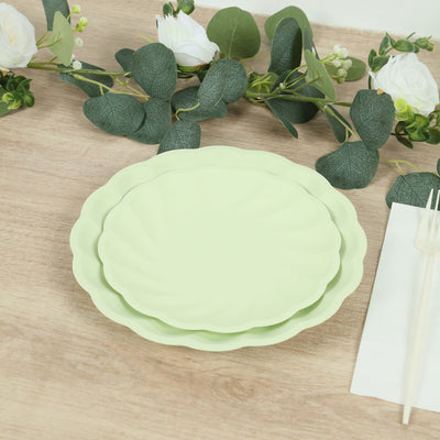 20 Pack Compostable Dessert Plates – 7" Sage Green Swirl Scalloped Pastel Color Salad Plates, Biodegradable Bamboo Tableware