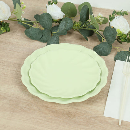 20 Pack Compostable Dessert Plates – 7" Sage Green Swirl Scalloped Pastel Color Salad Plates, Biodegradable Bamboo Tableware