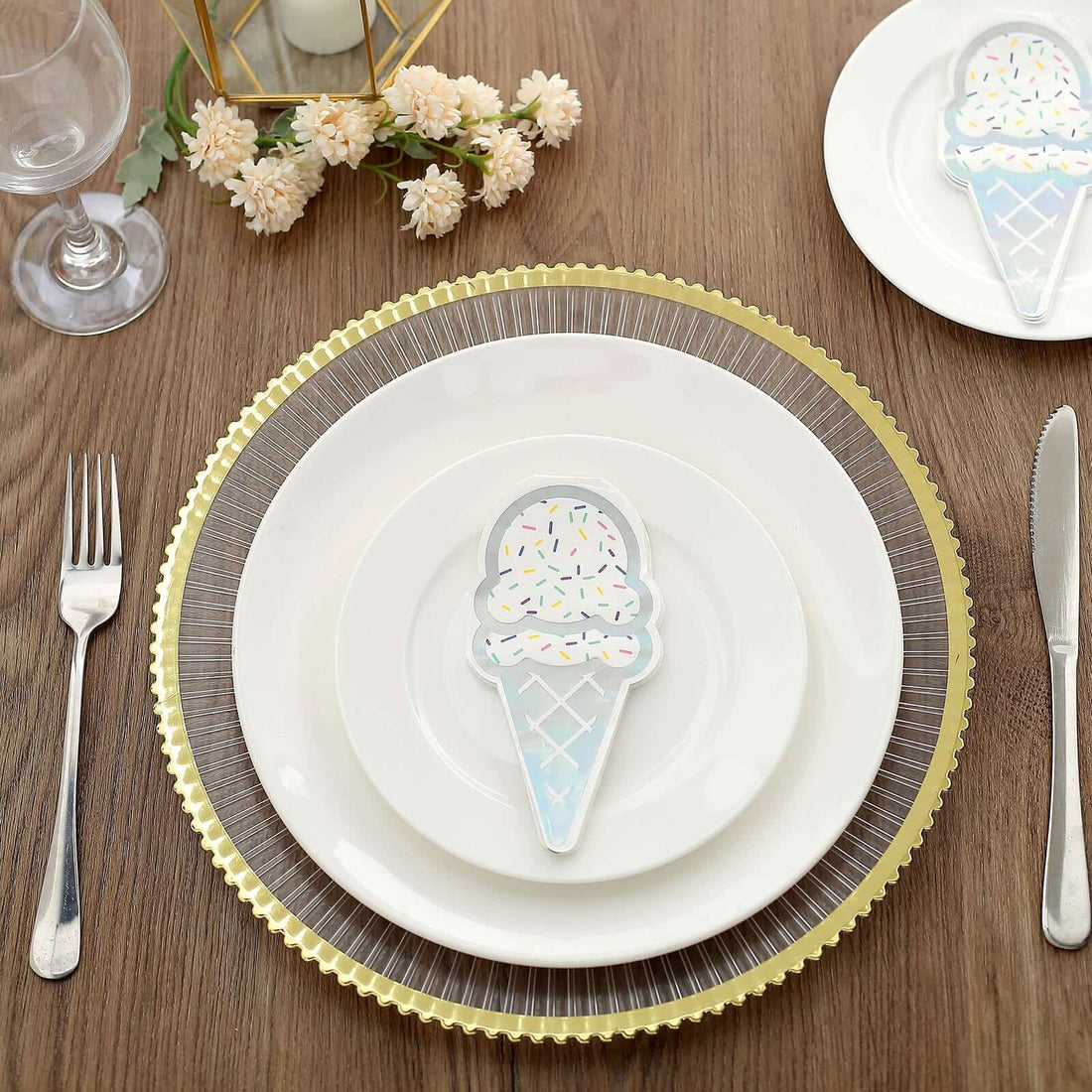 Ice cream cone plate set on a decorative dining table with elegant tableware.