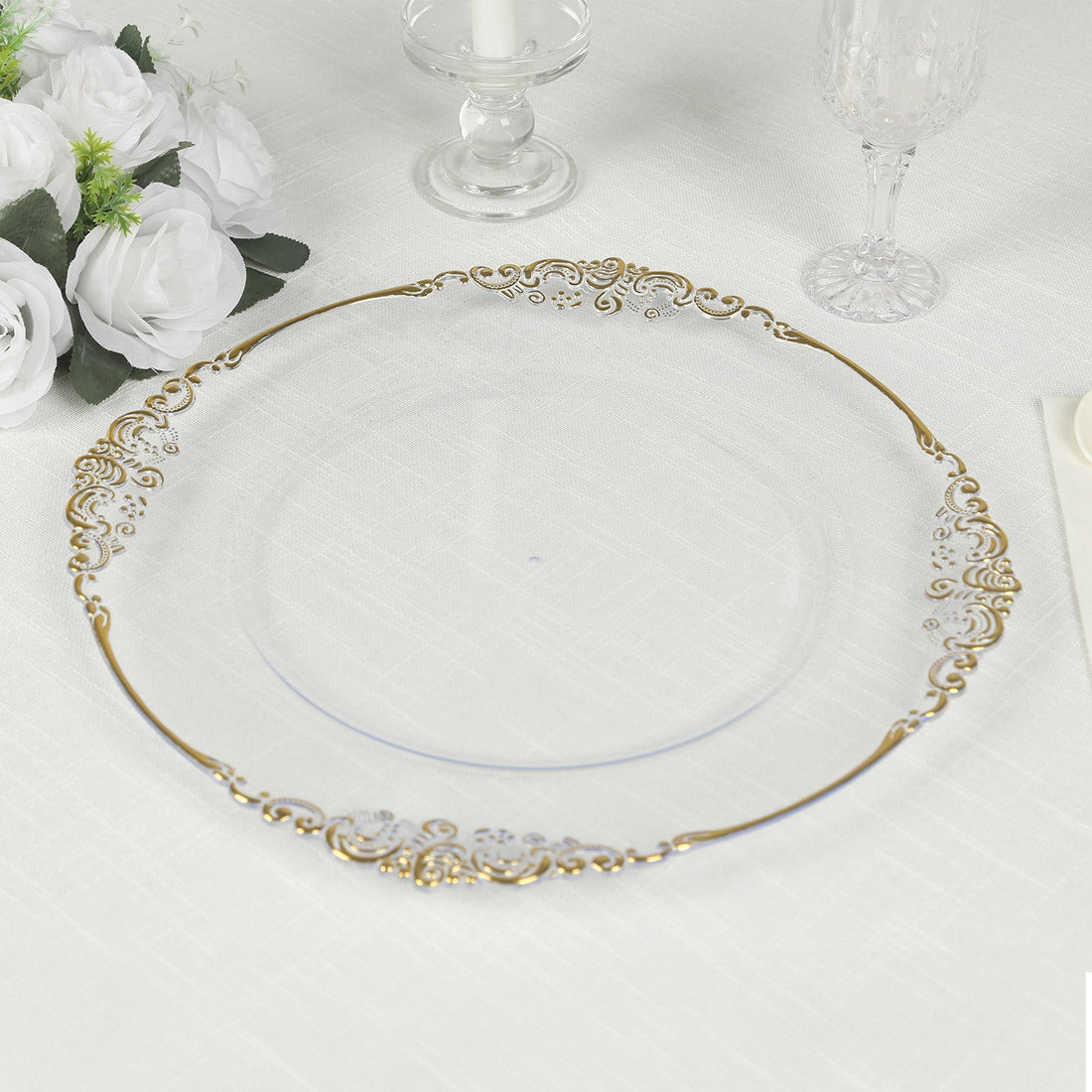 Elegant clear charger plate with gold ornate trim