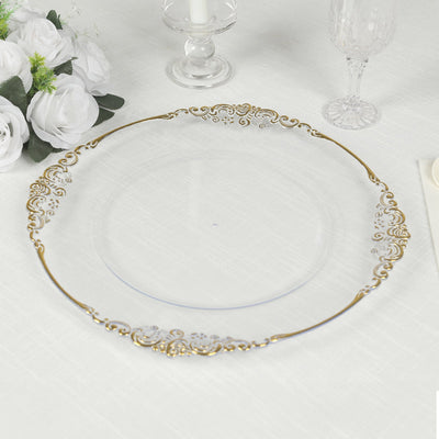 20-Pack Economy Plastic Charger Plates 13" Round Clear with Gold Embossed Baroque Rim - Stylish Dinner Party Serving Plates