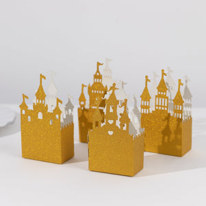 Gold castle-themed gift boxes for celebrations and parties