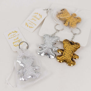 Sparkly bear keychains in silver and gold with thank you tags