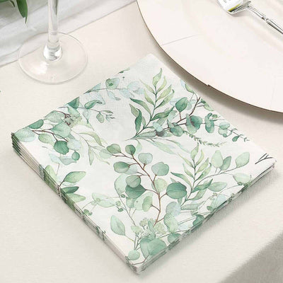 20-Pack Paper Beverage Napkins 2 Ply Green with Foliage Eucalyptus Leaves Design 6.5"x6.5" - Soft Boho Wedding Cocktail Beverage Napkins 18GSM