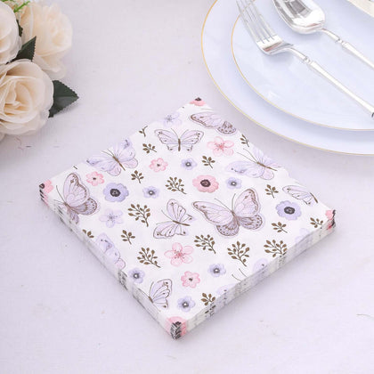 20-Pack Paper Beverage Napkins 2 Ply Lavender/Ivory with Butterfly Design 6.5"x6.5" - Soft Stylish Garden Party Cocktail Napkins 18GSM