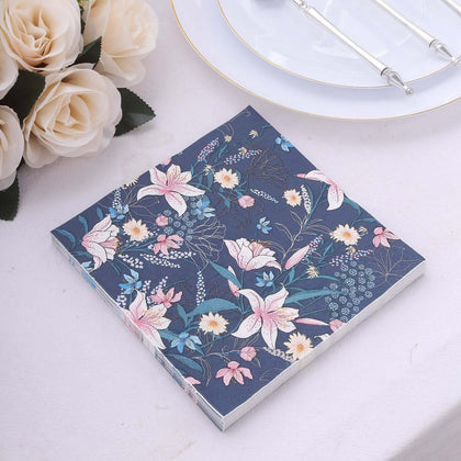 20-Pack Paper Beverage Napkins 2 Ply Navy Blue with Water Lily Floral Design 6.5"x6.5" - Soft 2-Ply Disposable Beverage Napkins 18GSM