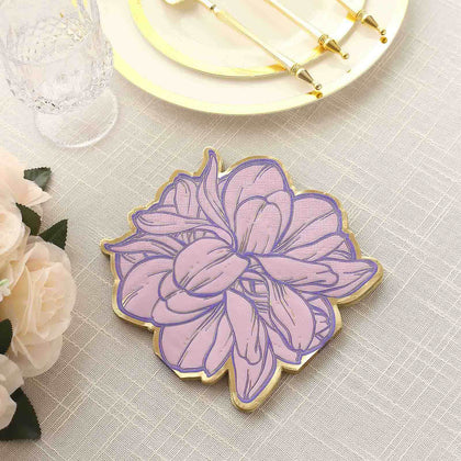 20-Pack Paper Cocktail Napkins Purple Peony Flower Shaped with Gold Edges - Disposable Beverage Napkins for Parties