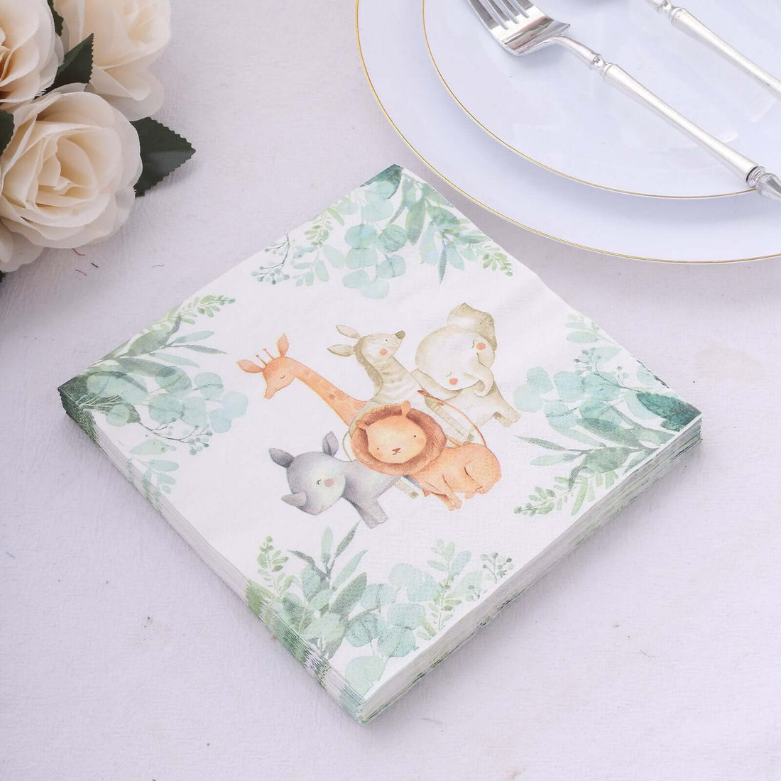 Cute animal-themed napkins with watercolor design and greenery accents.