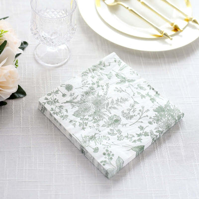 20-Pack Paper Cocktail Napkins 2 Ply White/Sage Green with French Toile Print 6.5"x6.5" - Soft and Absorbent Disposable Napkins