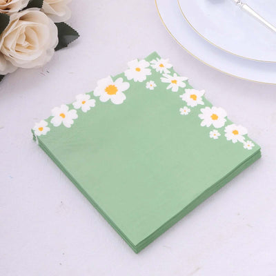 20-Pack Paper Beverage Napkins 2 Ply Sage Green with Daisy Flower Design 6.5"x6.5" - Soft 2-Ply Disposable Beverage Napkins 18GSM