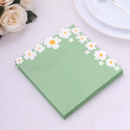 20-Pack Paper Beverage Napkins 2 Ply Sage Green with Daisy Flower Design 6.5"x6.5" - Soft 2-Ply Disposable Beverage Napkins 18GSM