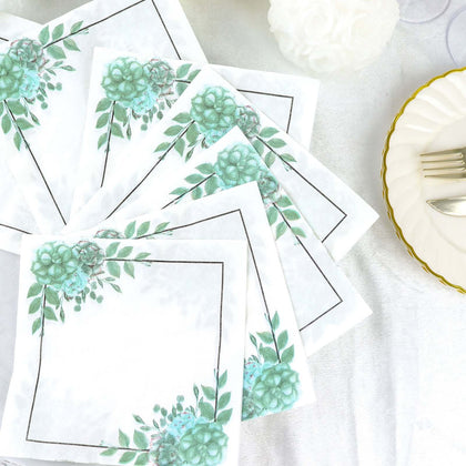 20-Pack Paper Dinner Napkins 2 Ply White/Green with Floral Design 6.5"x6.5" - Disposable Beverage Napkins for Parties
