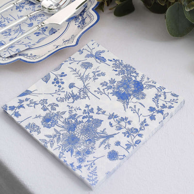 20-Pack Paper Cocktail Napkins 2 Ply White/Blue with French Toile Print 6.5"x6.5" - Soft and Absorbent Disposable Napkins