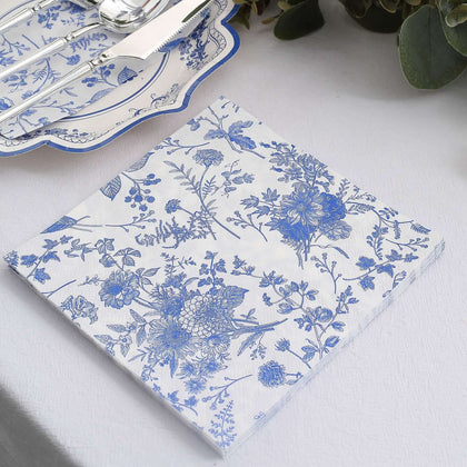 20-Pack Paper Cocktail Napkins 2 Ply White/Blue with French Toile Print 6.5"x6.5" - Soft and Absorbent Disposable Napkins