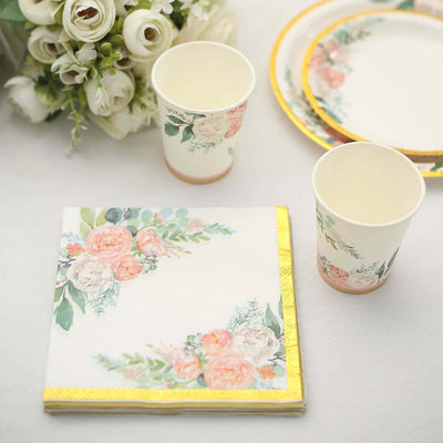 20-Pack Paper Cocktail Napkins 2 Ply White with Pink Peony Floral Design and Gold Trim - Soft Wedding Beverage Napkins 18GSM
